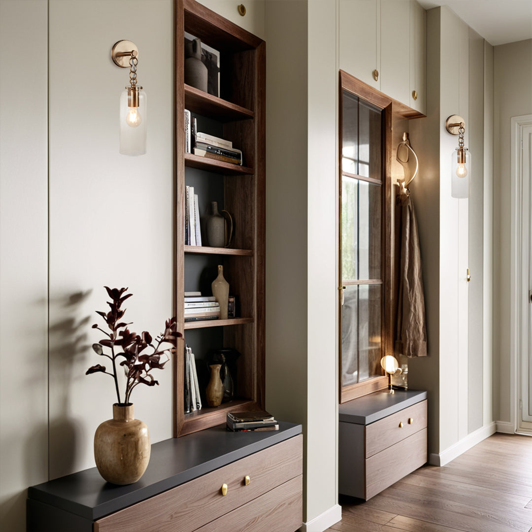 Aged Brass Sconce Wall Lamp, Retro Wall Mounted Lighting with Clear Glass Tube, Decorative Wall Light Fixture for Living Room, Bedroom, Hallway, Kitchen, Staircase