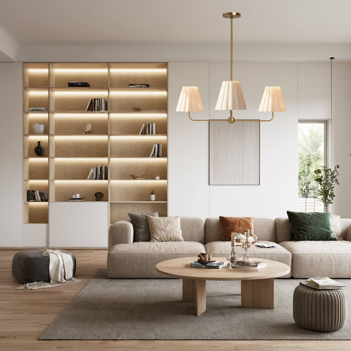 Mid-centry Modern Chandelier with Adjustable Height (18-54"), 3-Light Pendant Light over Table, Scandinavian Kitchen Island Lighting Fixture with Linen Shade for Dining Room Living Room