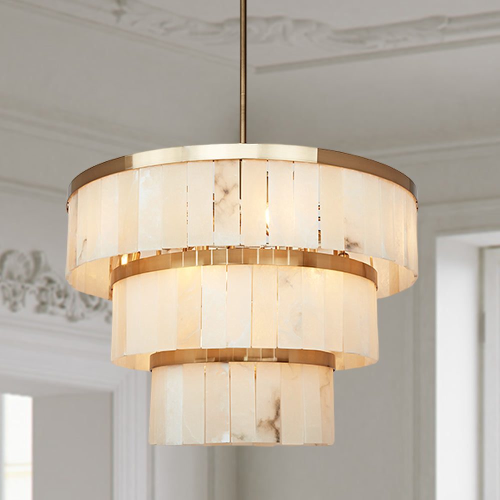 Rustic Alabaster Three-Tier Chandelier with Metal Detailing - A Stunning Rustic Chandelier Featuring Natural Stone - Perfect Hanging Light Fixture for Your Living Room