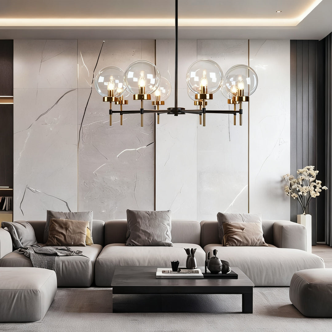 Mid-Century Modern Blown Glass Globe Chandelier - Adjustable Height with Two-Toned Metals for Dining Room, Living Room, and Sitting Room Lighting