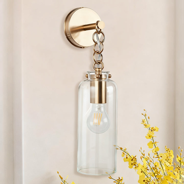 Aged Brass Sconce Wall Lamp, Retro Wall Mounted Lighting with Clear Glass Tube, Decorative Wall Light Fixture for Living Room, Bedroom, Hallway, Kitchen, Staircase