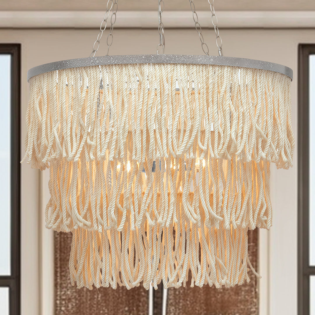 Boho 3-Tiered Fringe Chandelier, Mediterranean Tassel Pendant Light with Decorative Rope, Coastal Farmhouse Hanging Light for Living Room, Dining Room, Bedroom