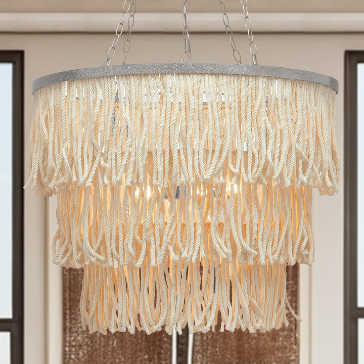Boho 3-Tiered Fringe Chandelier, Mediterranean Tassel Pendant Light with Decorative Rope, Coastal Farmhouse Hanging Light for Living Room, Dining Room, Bedroom