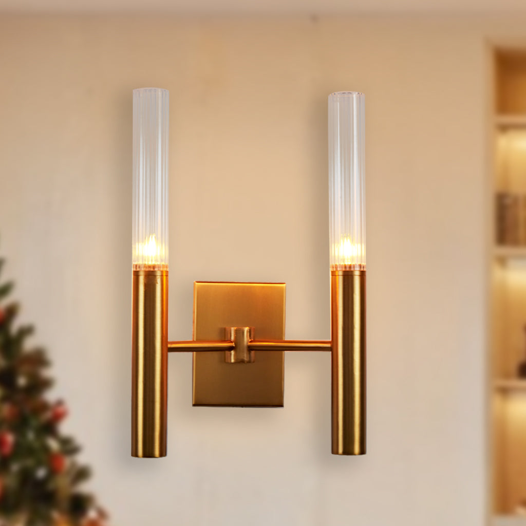 Mid-Century Modern Wall Sconce with Vintage Brass Finish and Ribbed Glass Shades - Ideal for Bathroom and Modern Living Room Fixtures