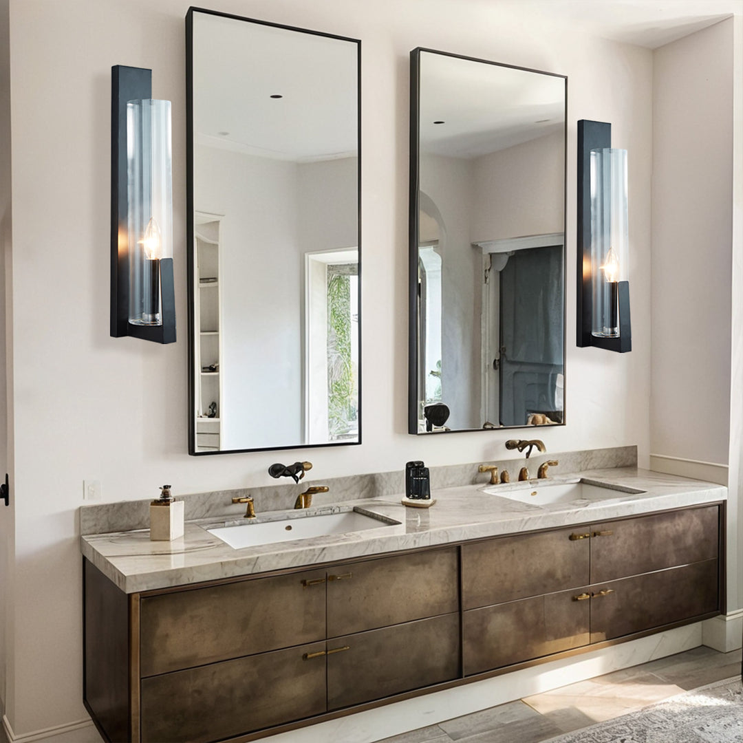 Clear Ribbed Glass Iron Forge Sconce - Long Shape with Vintage Gold Leaf Finish and Clear Ribbed Glass - Stylish Bathroom Sconce Lights and Modern Wall Lighting