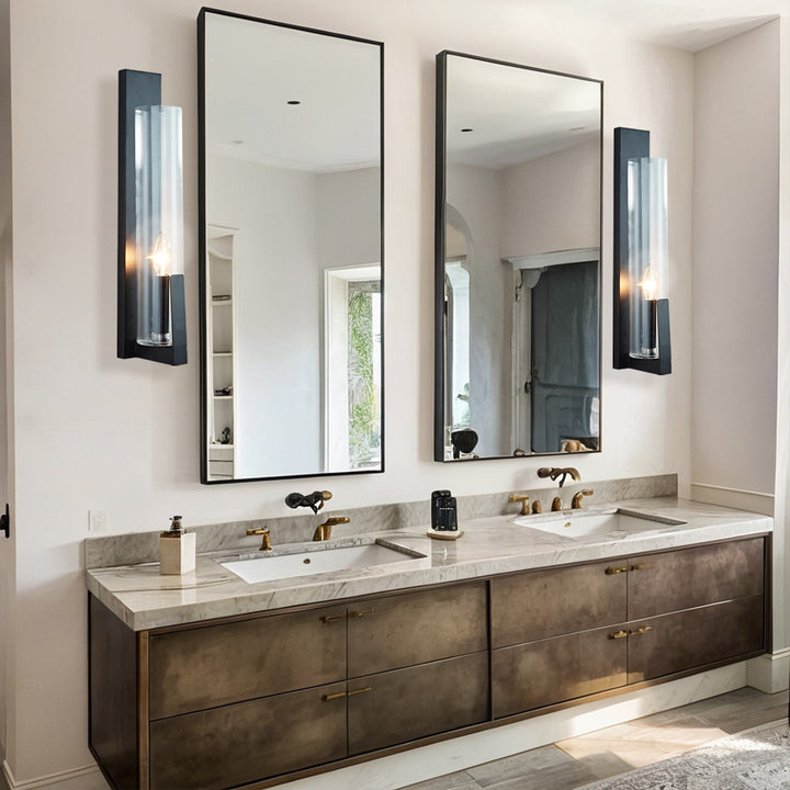 Clear Ribbed Glass Iron Forge Sconce - Long Shape with Vintage Gold Leaf Finish and Clear Ribbed Glass - Stylish Bathroom Sconce Lights and Modern Wall Lighting