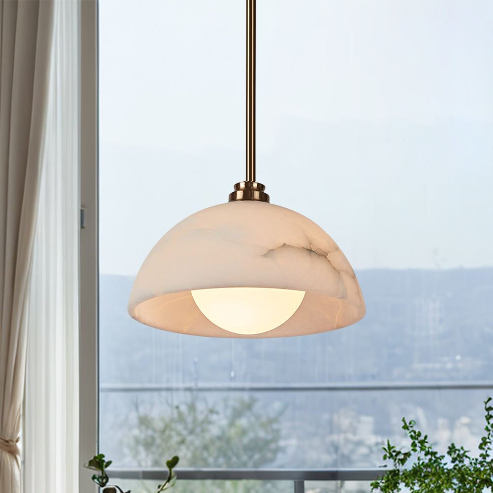 Elegant Alabaster Refinement Pendant - Natural Alabaster with Steel and Tumbled Brass - Ideal Hanging Light Fixture for Bedroom, Perfect Pendant Light for All Your Bedroom Needs