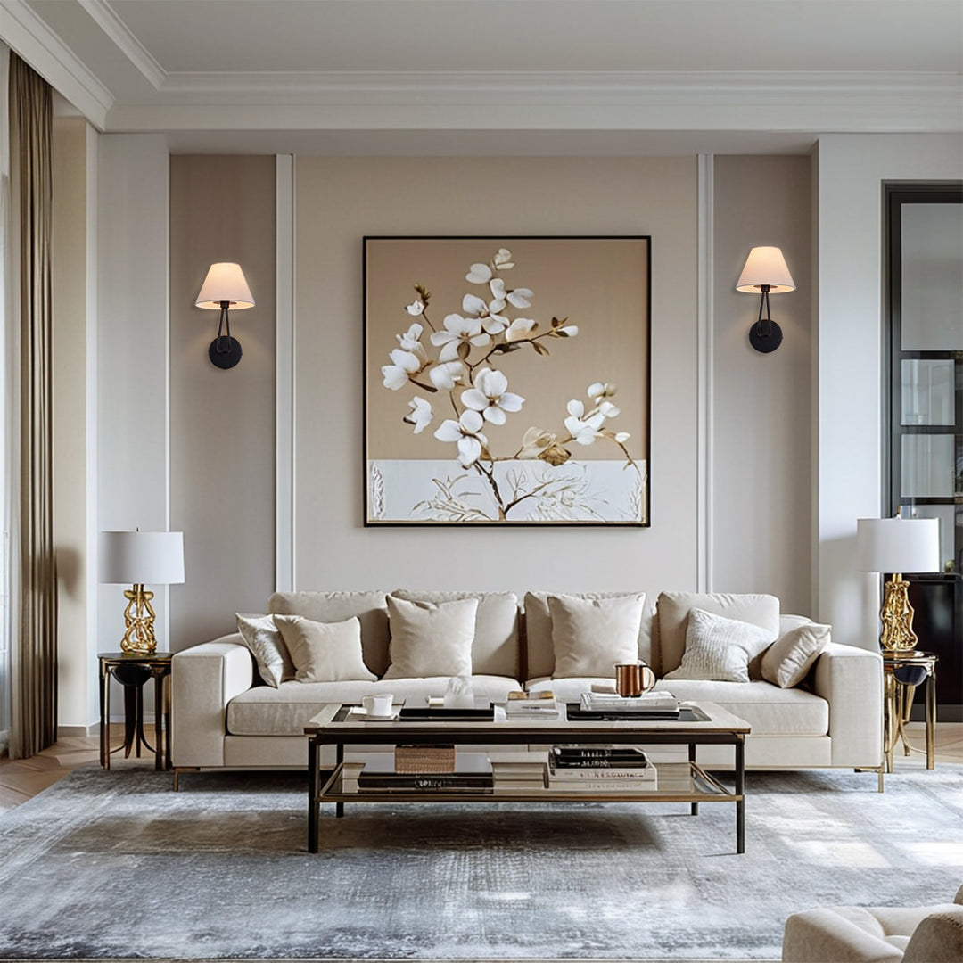 Classic Wall Lighting with Cream Linen Shade, Mid-century Modern Wall Mounted Lamp with Antique Hand-painted Metal Finish, Hardwired Light Fixture for Bedroom, Living Room, Corridor, Entryway