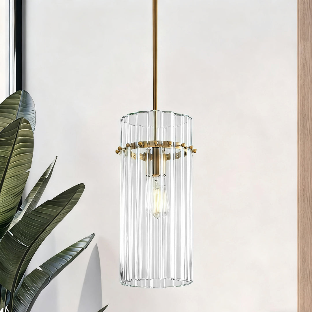 Crystal Fluted Finial Pendant with Tumbled Brass Finish - Hand-Blown Cut Crystal Clear Glass Shade with Fluted Effect and Finial Details for Living Room, Bedroom