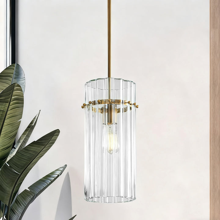 Crystal Fluted Finial Pendant with Tumbled Brass Finish - Hand-Blown Cut Crystal Clear Glass Shade with Fluted Effect and Finial Details for Living Room, Bedroom