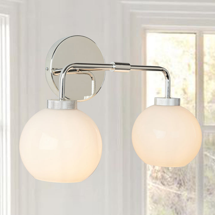 Globe Shade Matte Finish with Brass Accents Double Light Sconce - Elegant Blown Glass and Steel Frame, Bathroom Sconce