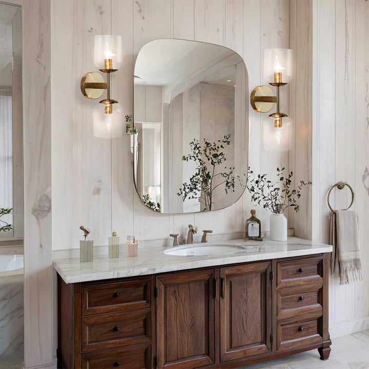 Antique Bronze Double Sconce with Ribbed Glass Shades and Bell-Shaped Design for Durable Indoor Lighting