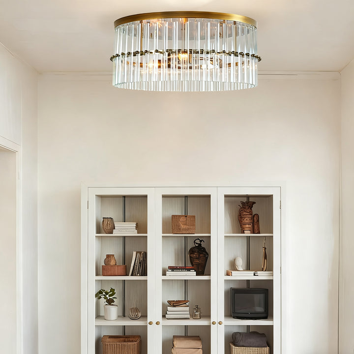 Luminous Steel Craft Flush Mount - Hand-Blown Cut Crystal Glass Shade with Optical Illumination and Tumbled Brass Finish for for Bedroom, Living Room, Dining Room