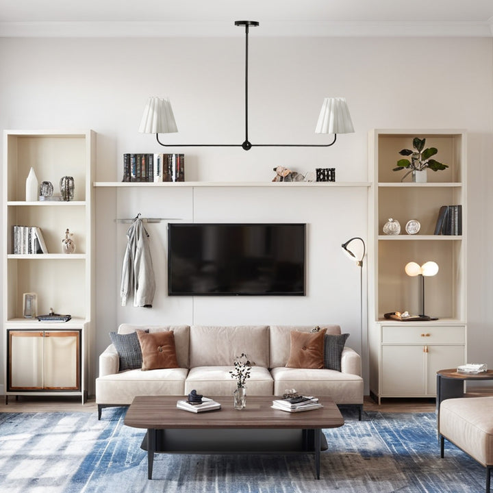 Kitchen Island Lighting with Pleated Linen Shade, 2 Lights Linear Chandelier with Adjustable Height (18-46"), Modern Ceiling Hanging Pendant Light for Dining Room, Living Room, Bedroom