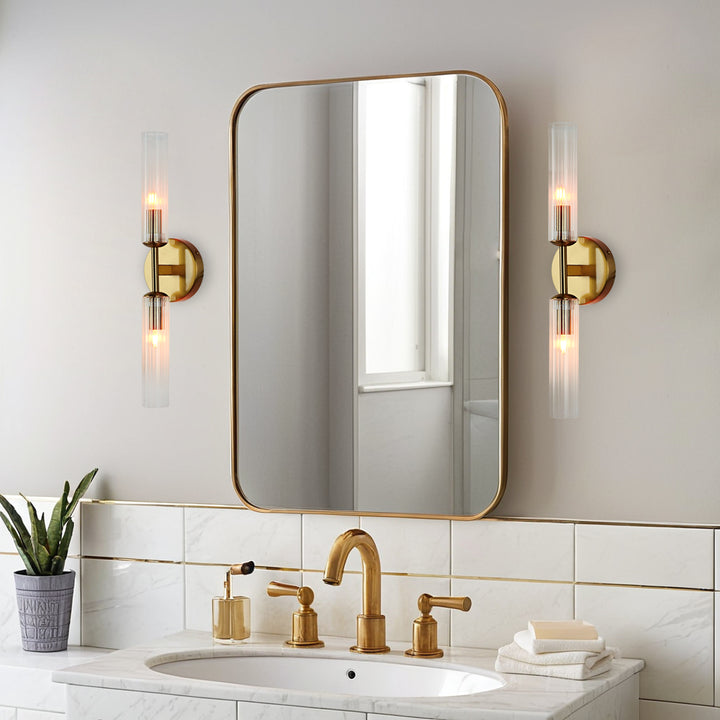 Antique Bronze Double Tube Sconce with Ribbed Glass Shades and Cylindrical Design for Durable Indoor Lighting