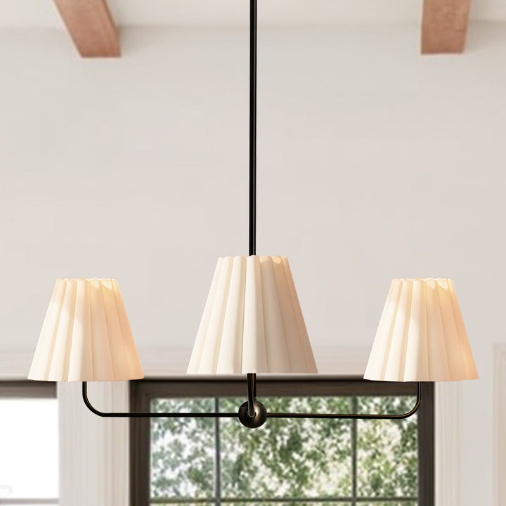 Mid-centry Modern Chandelier with Adjustable Height (18-54"), 3-Light Pendant Light over Table, Scandinavian Kitchen Island Lighting Fixture with Linen Shade for Dining Room Living Room