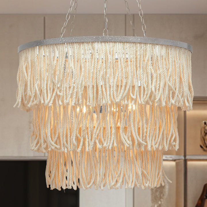 Boho 3-Tiered Fringe Chandelier, Mediterranean Tassel Pendant Light with Decorative Rope, Coastal Farmhouse Hanging Light for Living Room, Dining Room, Bedroom
