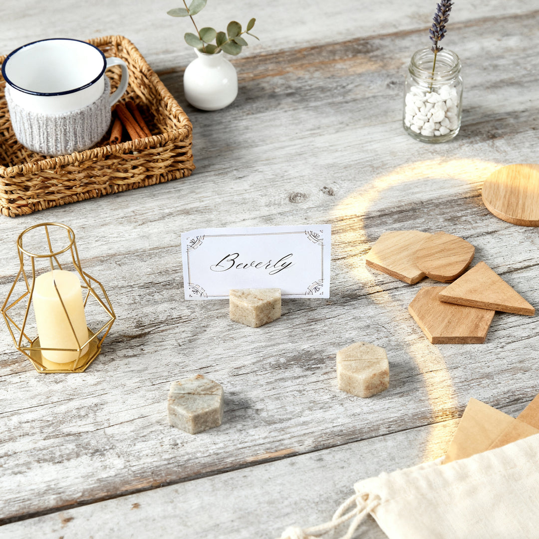 Hexagon Marble Place Card Holders (Set of 4) with Weighted Bases and Precise Slots, Elegant Place Card Holders with Handcrafted Natural Marble, Perfect for Table Decor, Dinner Party, Weddings
