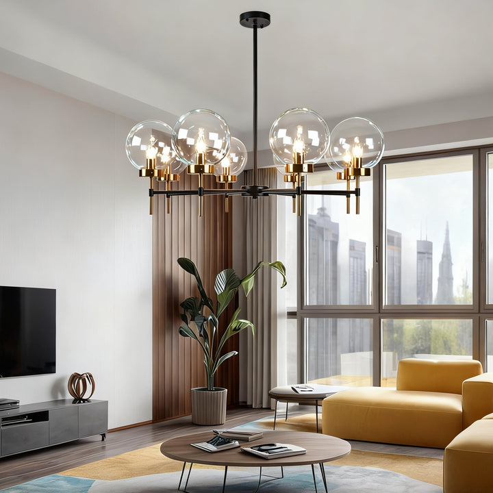 Mid-Century Modern Blown Glass Globe Chandelier - Adjustable Height with Two-Toned Metals for Dining Room, Living Room, and Sitting Room Lighting