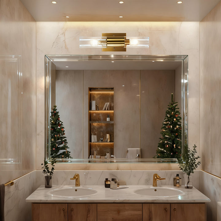 Rustic Geometric Design Double Tube Wall Sconce - Damp Rated Hand-Cut Glass Fixture for Bathroom, Bedroom Wall Sconces, and Wall Lamps