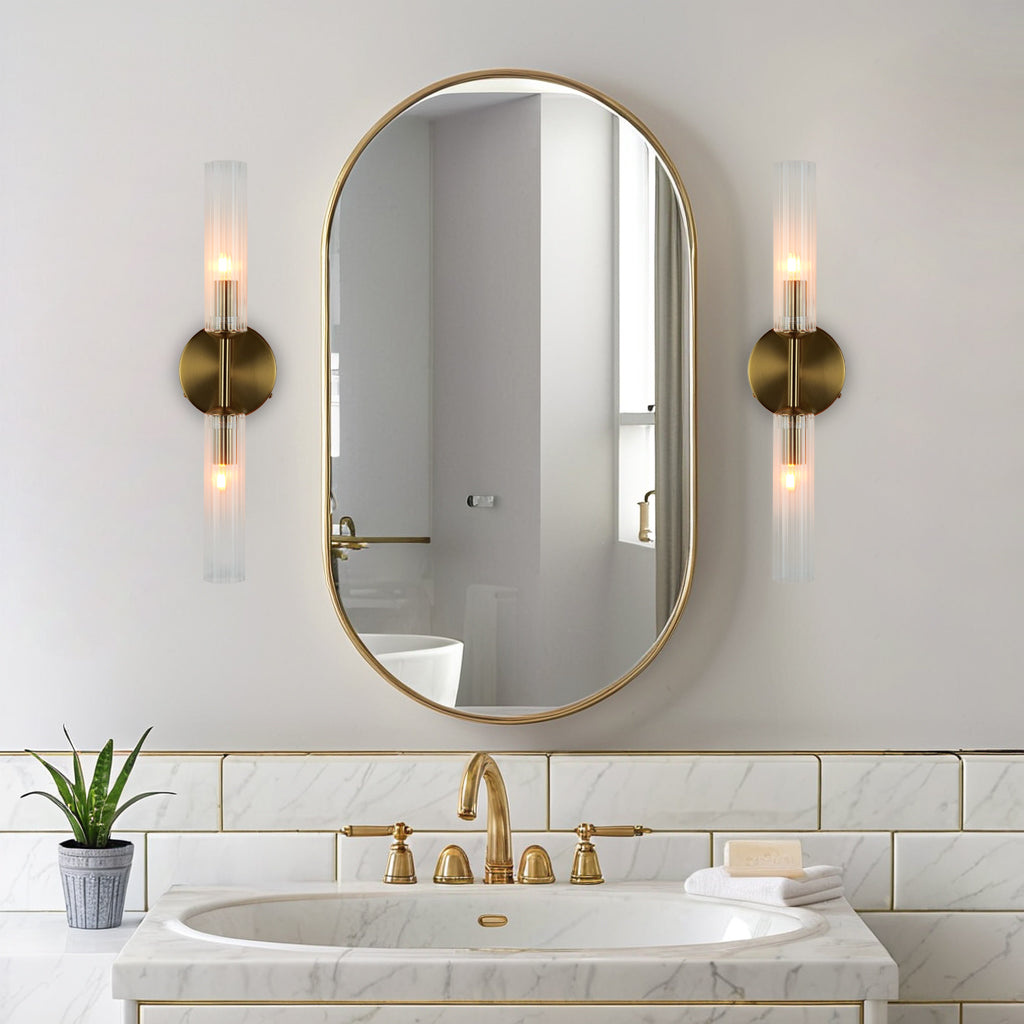 Antique Bronze Double Tube Sconce with Ribbed Glass Shades and Cylindrical Design for Durable Indoor Lighting