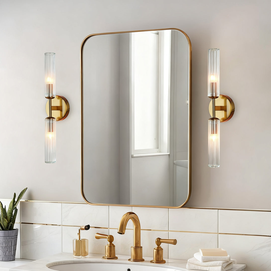 Antique Bronze Double Tube Sconce with Ribbed Glass Shades and Cylindrical Design for Durable Indoor Lighting