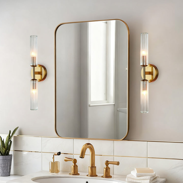 Antique Bronze Double Tube Sconce with Ribbed Glass Shades and Cylindrical Design for Durable Indoor Lighting