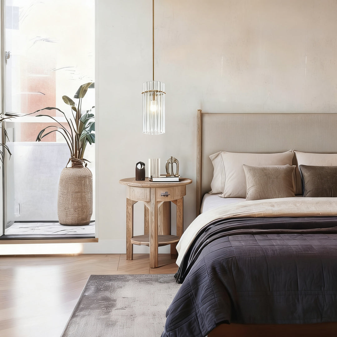 Crystal Fluted Finial Pendant with Tumbled Brass Finish - Hand-Blown Cut Crystal Clear Glass Shade with Fluted Effect and Finial Details for Living Room, Bedroom