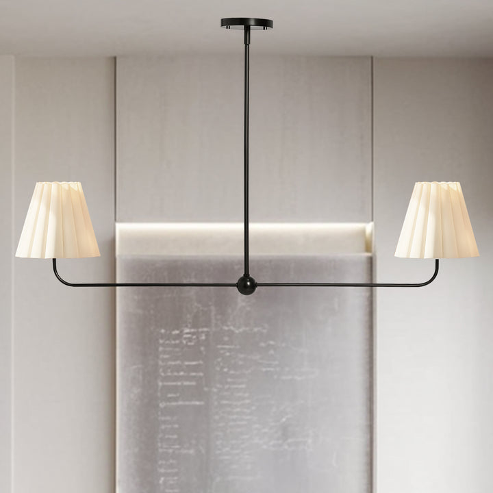 Kitchen Island Lighting with Pleated Linen Shade, 2 Lights Linear Chandelier with Adjustable Height (18-46"), Modern Ceiling Hanging Pendant Light for Dining Room, Living Room, Bedroom