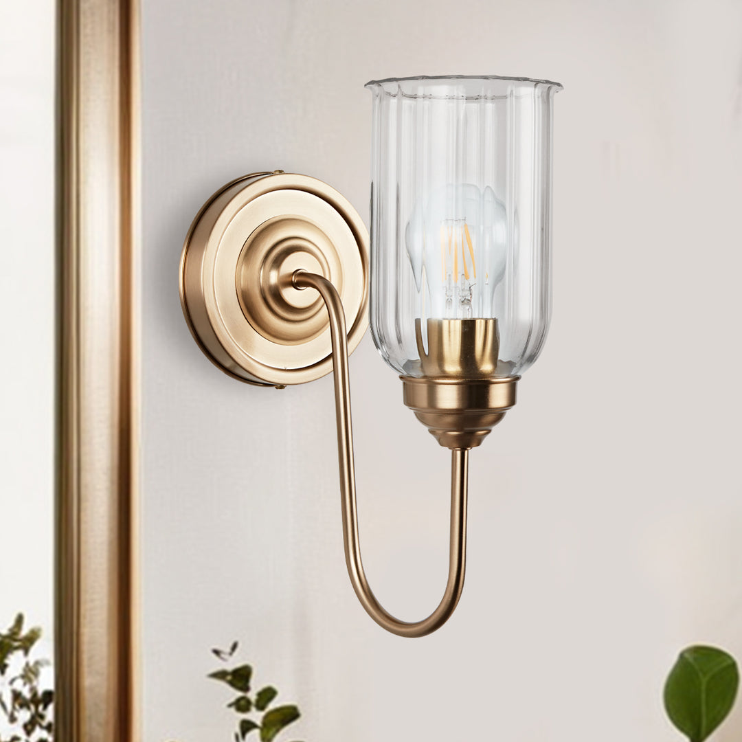 Antique Gooseneck Brass Sconce with Clear Fluted Glass, Gold Wall Mounted Lamp Beside Mirror, Wet-rated Wall Light for Bathroom, Stairs, Kitchen, Hallway, Fireplace (E26 Base)