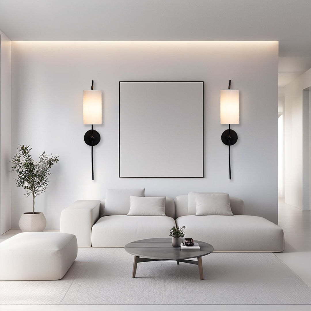 Mid-Century Single Light Wall Sconce with White Linen Shade, Industrial Wall Mounted Lamp with Wavy Black Forged Iron Arm, Hardwired Night Light for Bedroom, Living Room, Hallway