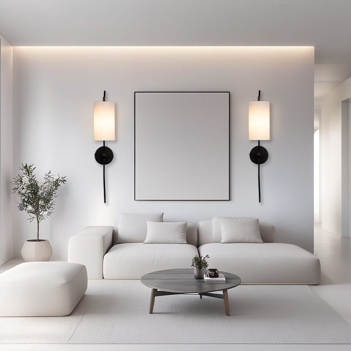 Mid-Century Single Light Wall Sconce with White Linen Shade, Industrial Wall Mounted Lamp with Wavy Black Forged Iron Arm, Hardwired Night Light for Bedroom, Living Room, Hallway