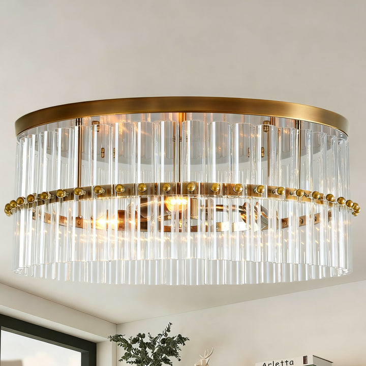 Luminous Steel Craft Flush Mount - Hand-Blown Cut Crystal Glass Shade with Optical Illumination and Tumbled Brass Finish for for Bedroom, Living Room, Dining Room