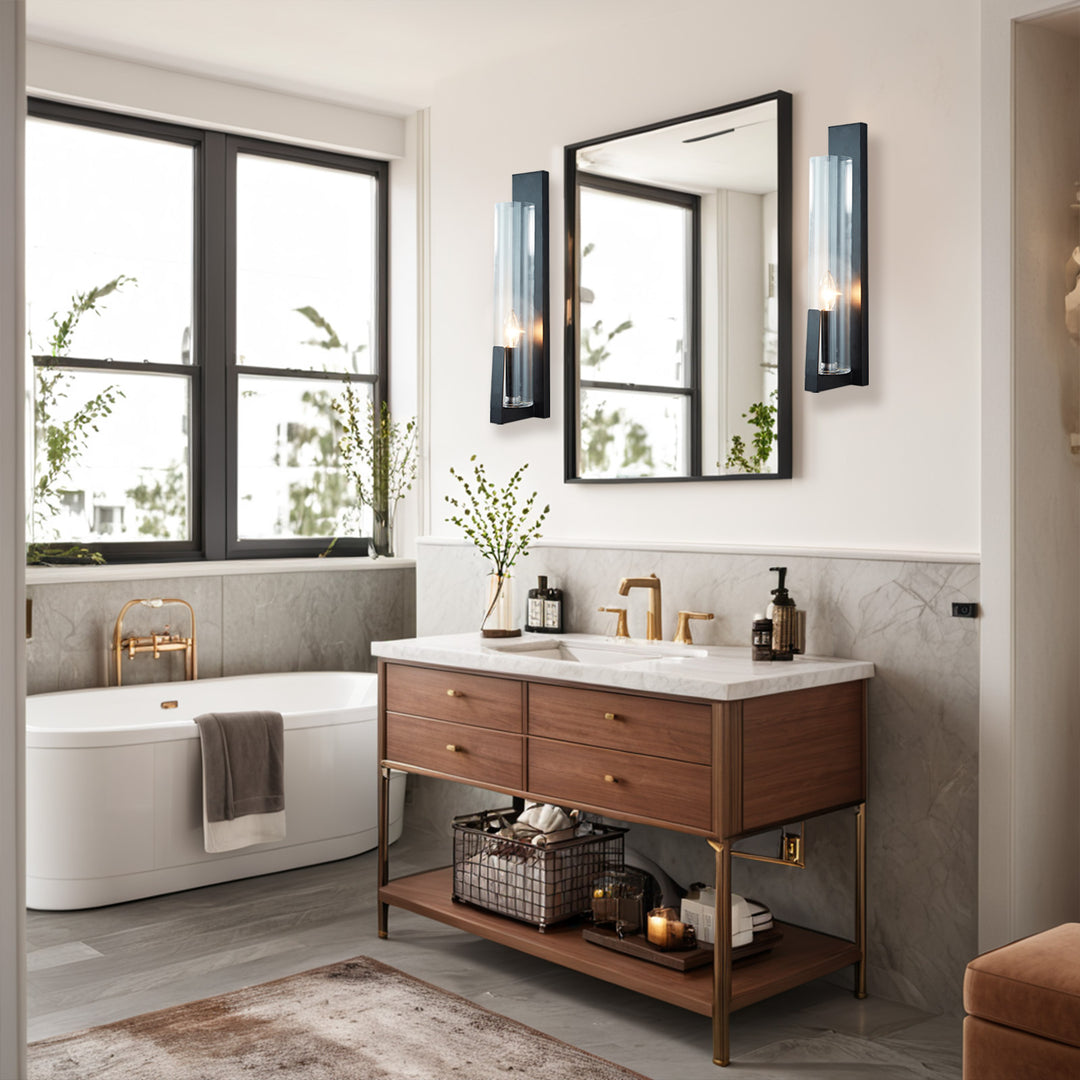 Clear Ribbed Glass Iron Forge Sconce - Long Shape with Vintage Gold Leaf Finish and Clear Ribbed Glass - Stylish Bathroom Sconce Lights and Modern Wall Lighting