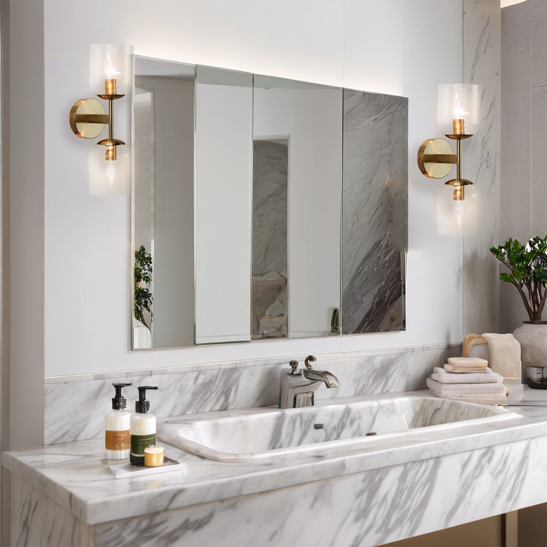 Antique Bronze Double Sconce with Ribbed Glass Shades and Bell-Shaped Design for Durable Indoor Lighting