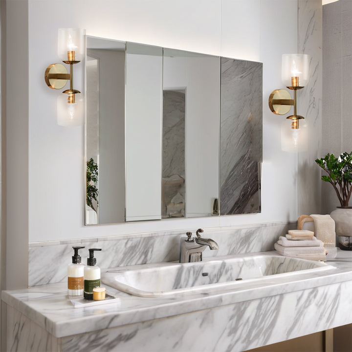 Antique Bronze Double Sconce with Ribbed Glass Shades and Bell-Shaped Design for Durable Indoor Lighting