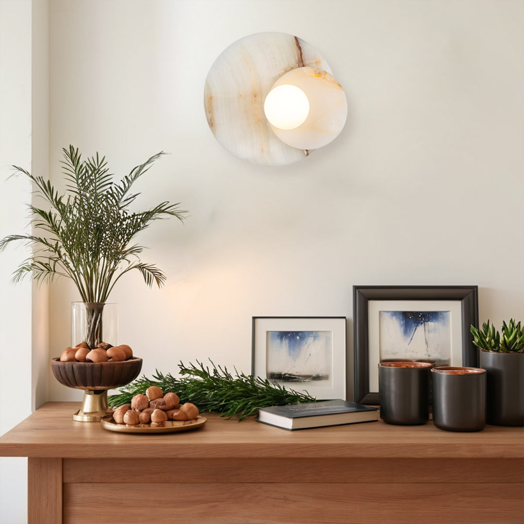 Opaline Cream Sculpture Wall Sconce: Natural Cream Onyx with Opaque White Glass Globe Bulb, Sculptural Design for Living Room, Bathroom, or Bedroom Wall Lighting