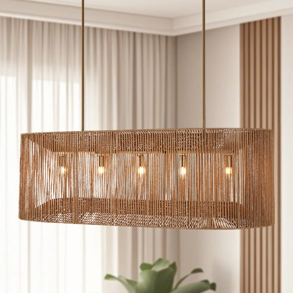 Coastal-Inspired Abaca Rope Linear Iron Chandelier – Dimmer Compatible，Ideal for Dining Room and Modern Living Room Fixtures