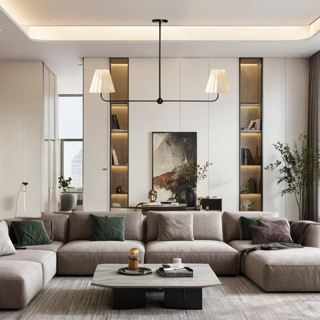 Kitchen Island Lighting with Pleated Linen Shade, 2 Lights Linear Chandelier with Adjustable Height (18-46"), Modern Ceiling Hanging Pendant Light for Dining Room, Living Room, Bedroom