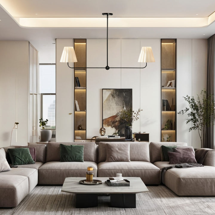 Kitchen Island Lighting with Pleated Linen Shade, 2 Lights Linear Chandelier with Adjustable Height (18-46"), Modern Ceiling Hanging Pendant Light for Dining Room, Living Room, Bedroom