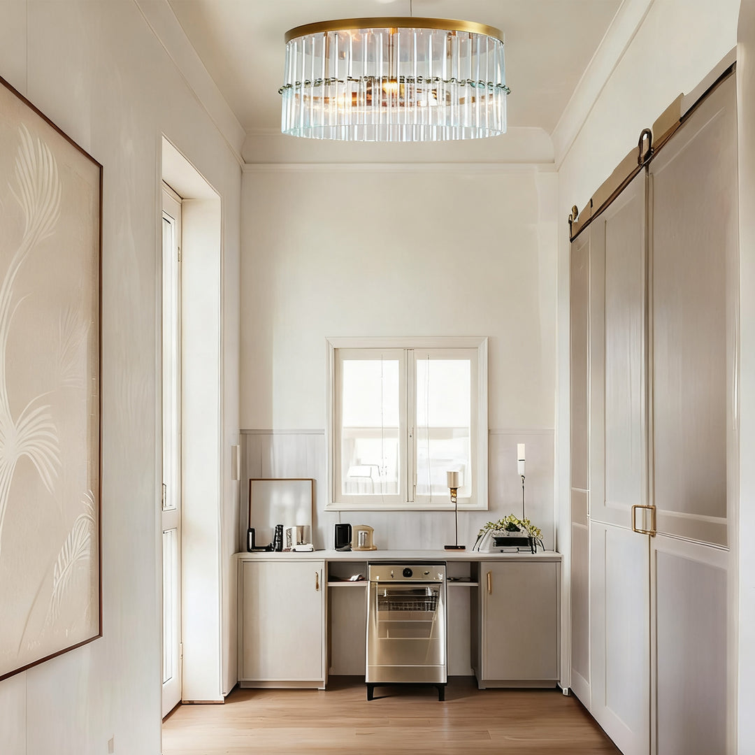 Luminous Steel Craft Flush Mount - Hand-Blown Cut Crystal Glass Shade with Optical Illumination and Tumbled Brass Finish for for Bedroom, Living Room, Dining Room