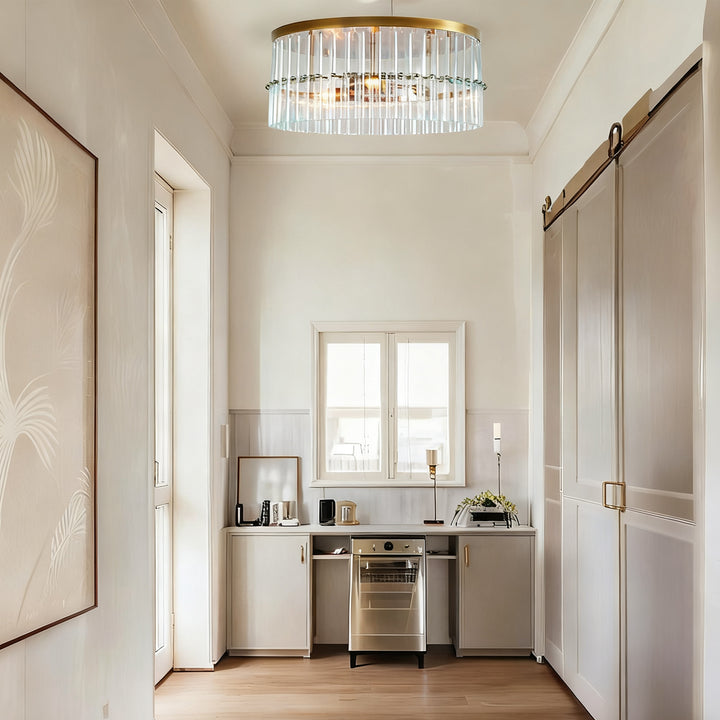 Luminous Steel Craft Flush Mount - Hand-Blown Cut Crystal Glass Shade with Optical Illumination and Tumbled Brass Finish for for Bedroom, Living Room, Dining Room