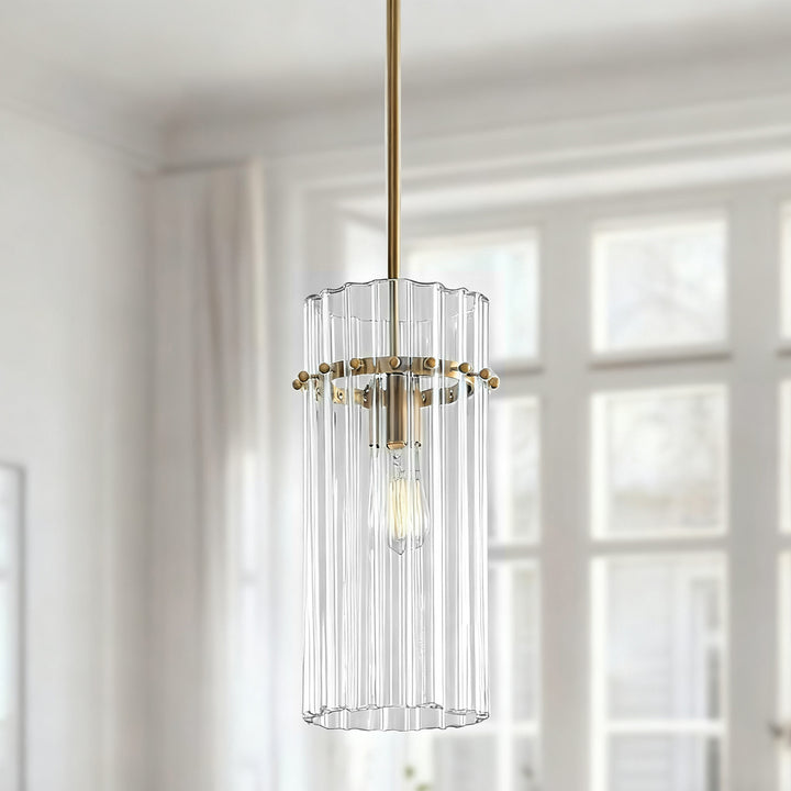 Crystal Fluted Finial Pendant with Tumbled Brass Finish - Hand-Blown Cut Crystal Clear Glass Shade with Fluted Effect and Finial Details for Living Room, Bedroom