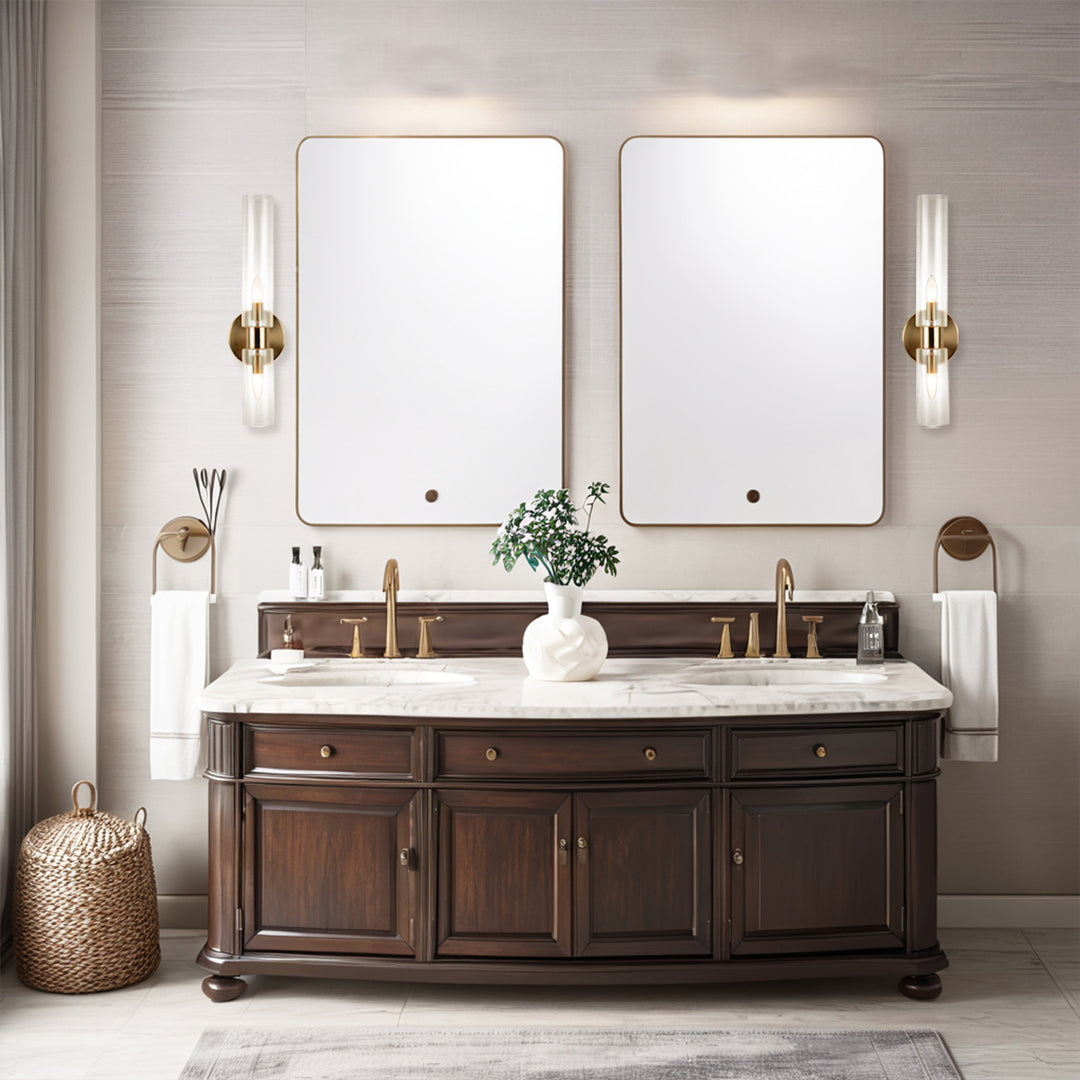 Modern 2-Light Wall Sconce with Clear Fluted Glass, Asymmetrical Double Tube Sconce Wet-rated Bathroom Light Fixture Over Mirror, Hardwired Wall Mount Lamp for Bedroom, Hallway, Living Room