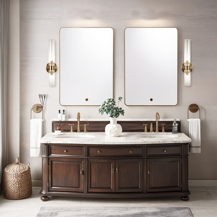 Modern 2-Light Wall Sconce with Clear Fluted Glass, Asymmetrical Double Tube Sconce Wet-rated Bathroom Light Fixture Over Mirror, Hardwired Wall Mount Lamp for Bedroom, Hallway, Living Room