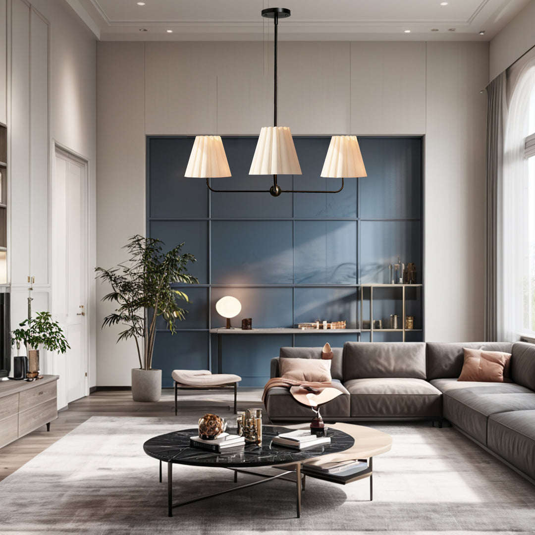 Mid-centry Modern Chandelier with Adjustable Height (18-54"), 3-Light Pendant Light over Table, Scandinavian Kitchen Island Lighting Fixture with Linen Shade for Dining Room Living Room