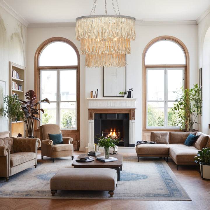 Boho 3-Tiered Fringe Chandelier, Mediterranean Tassel Pendant Light with Decorative Rope, Coastal Farmhouse Hanging Light for Living Room, Dining Room, Bedroom