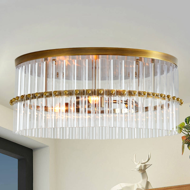 Luminous Steel Craft Flush Mount - Hand-Blown Cut Crystal Glass Shade with Optical Illumination and Tumbled Brass Finish for for Bedroom, Living Room, Dining Room