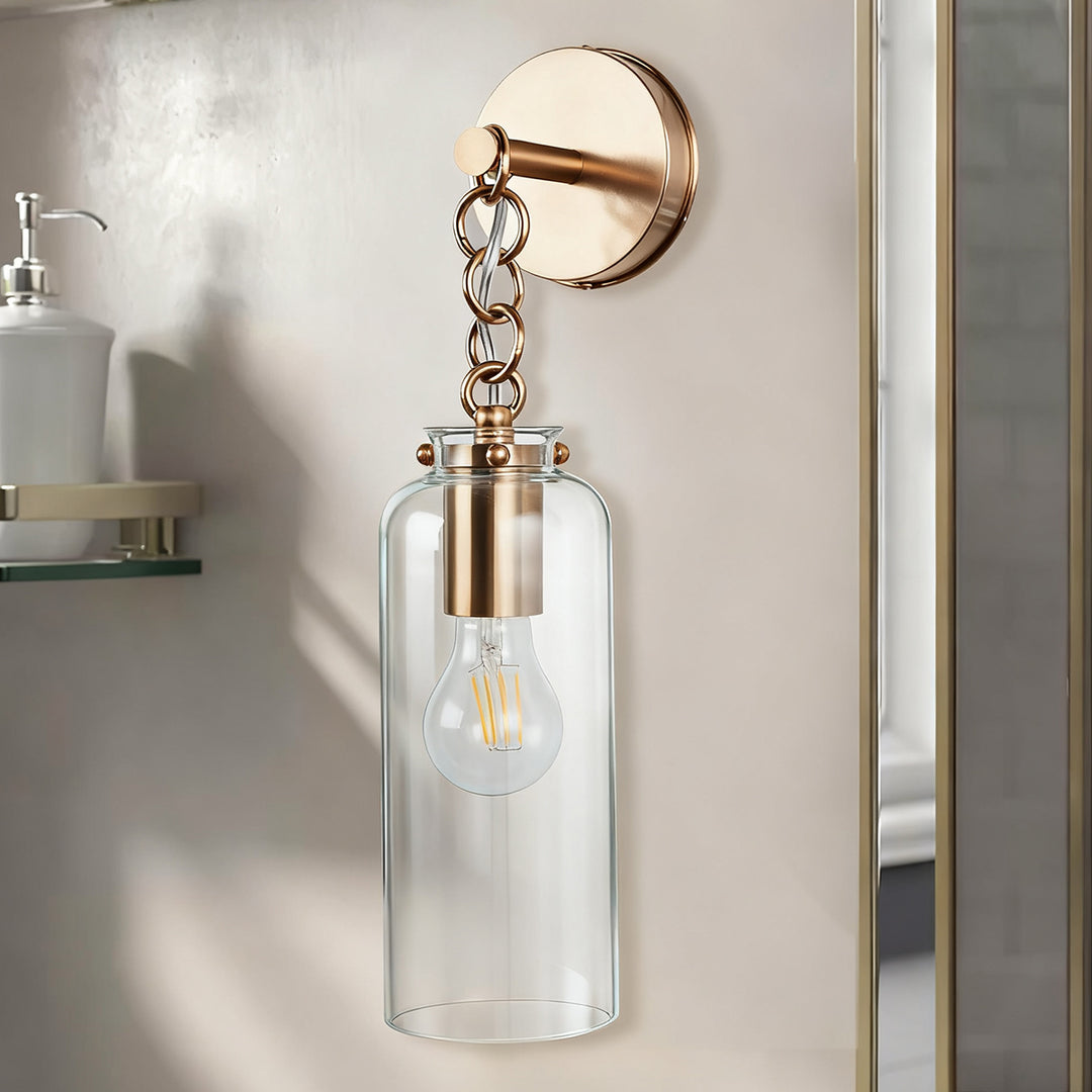 Aged Brass Sconce Wall Lamp, Retro Wall Mounted Lighting with Clear Glass Tube, Decorative Wall Light Fixture for Living Room, Bedroom, Hallway, Kitchen, Staircase