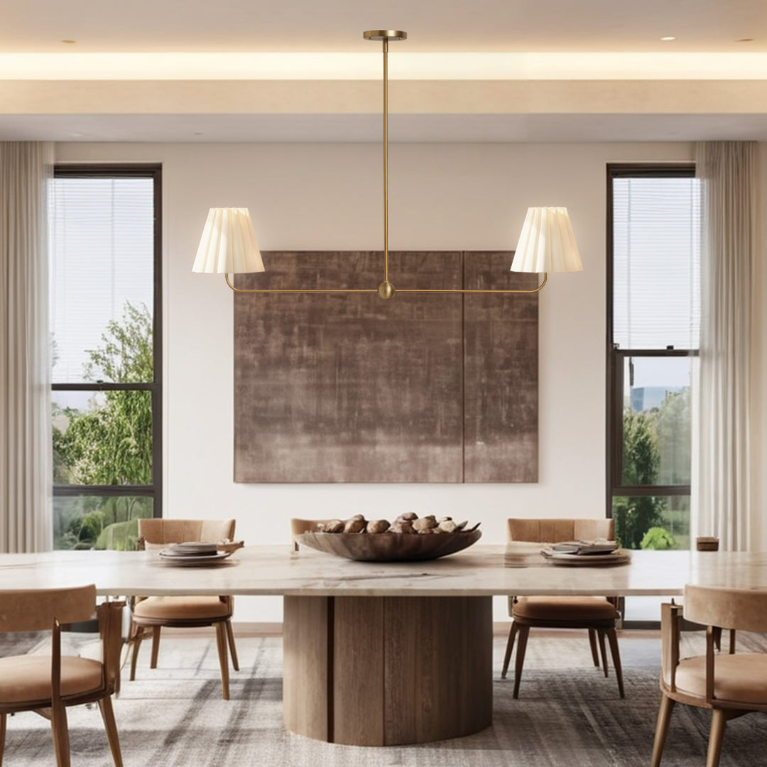 Kitchen Island Lighting with Pleated Linen Shade, 2 Lights Linear Chandelier with Adjustable Height (18-46"), Modern Ceiling Hanging Pendant Light for Dining Room, Living Room, Bedroom
